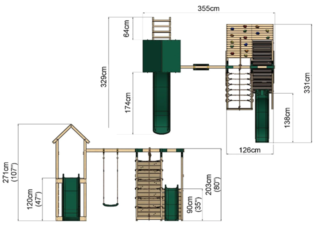 12 - 30650 - Ahşap Çift Kaydıraklı Tırmanmalı Salıncaklı Set Teknik Çizim